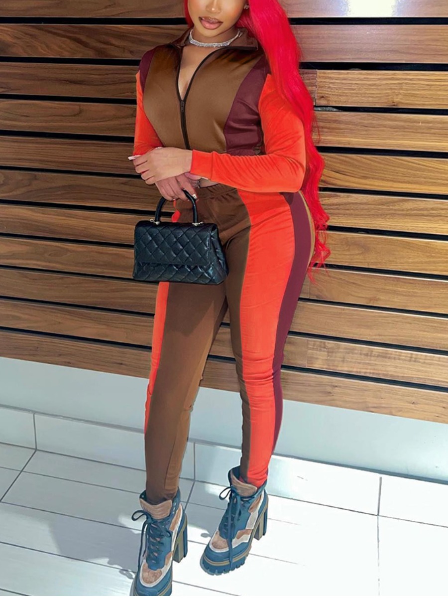 LW Striped Patchwork Zipper Design Pants Set