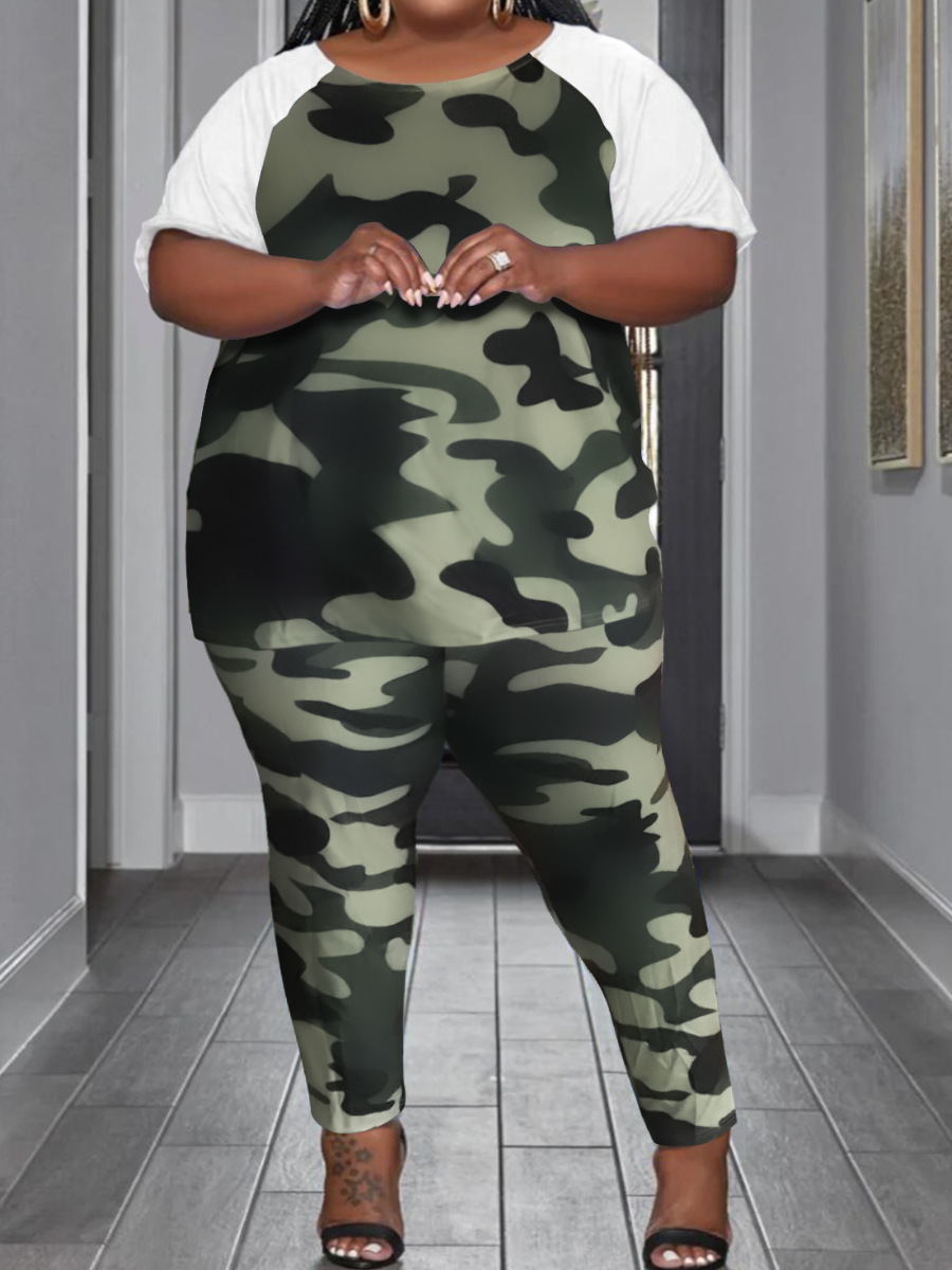 LW Plus Size Round Neck Camo Print Pants Set