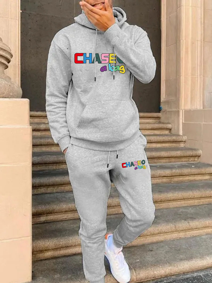 LW Men Letter Print Kangaroo Pocket Tracksuit Set