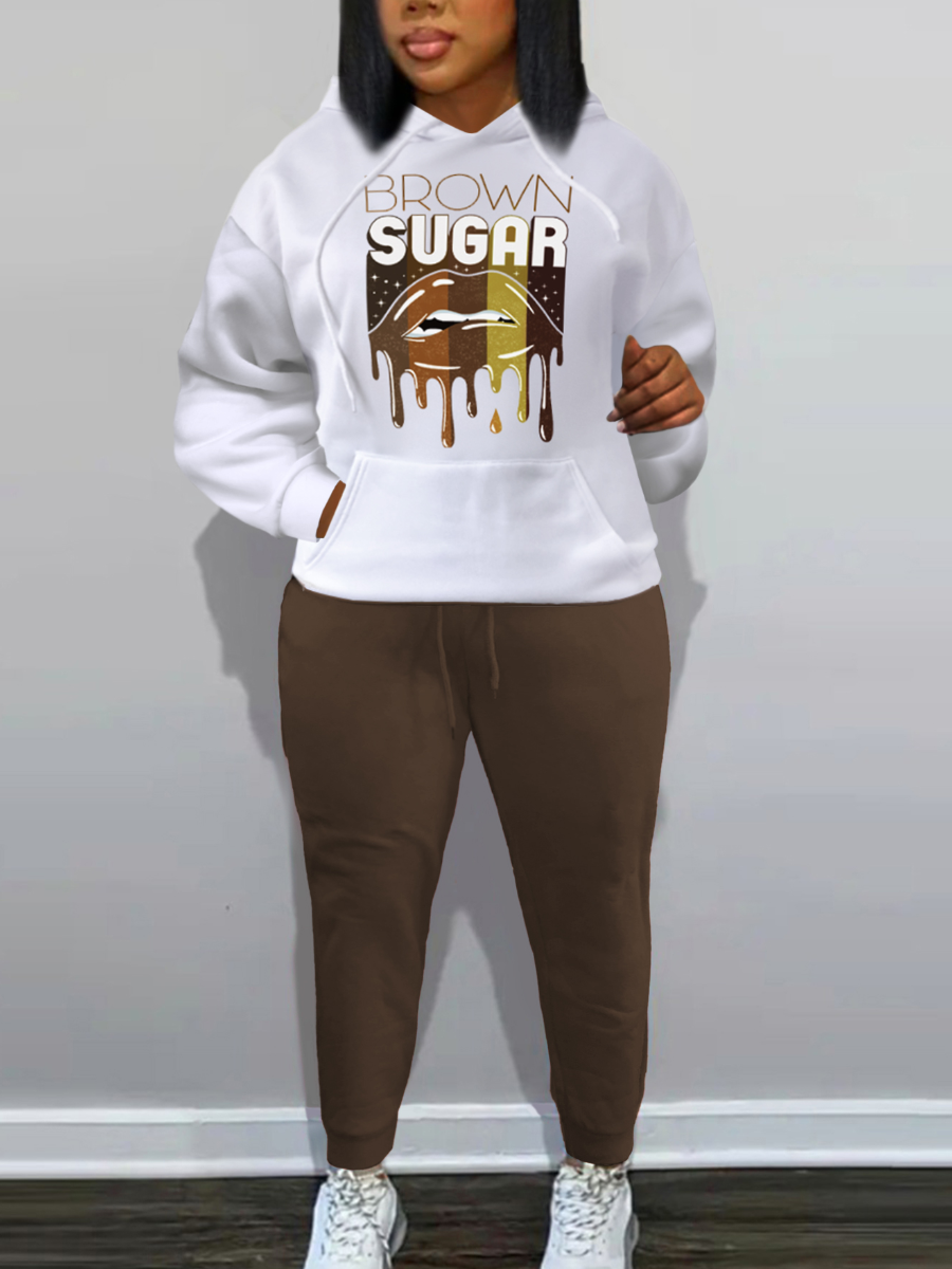 LW Plus Size Lip Letter Print Kangaroo Pocket Tracksuit Set
