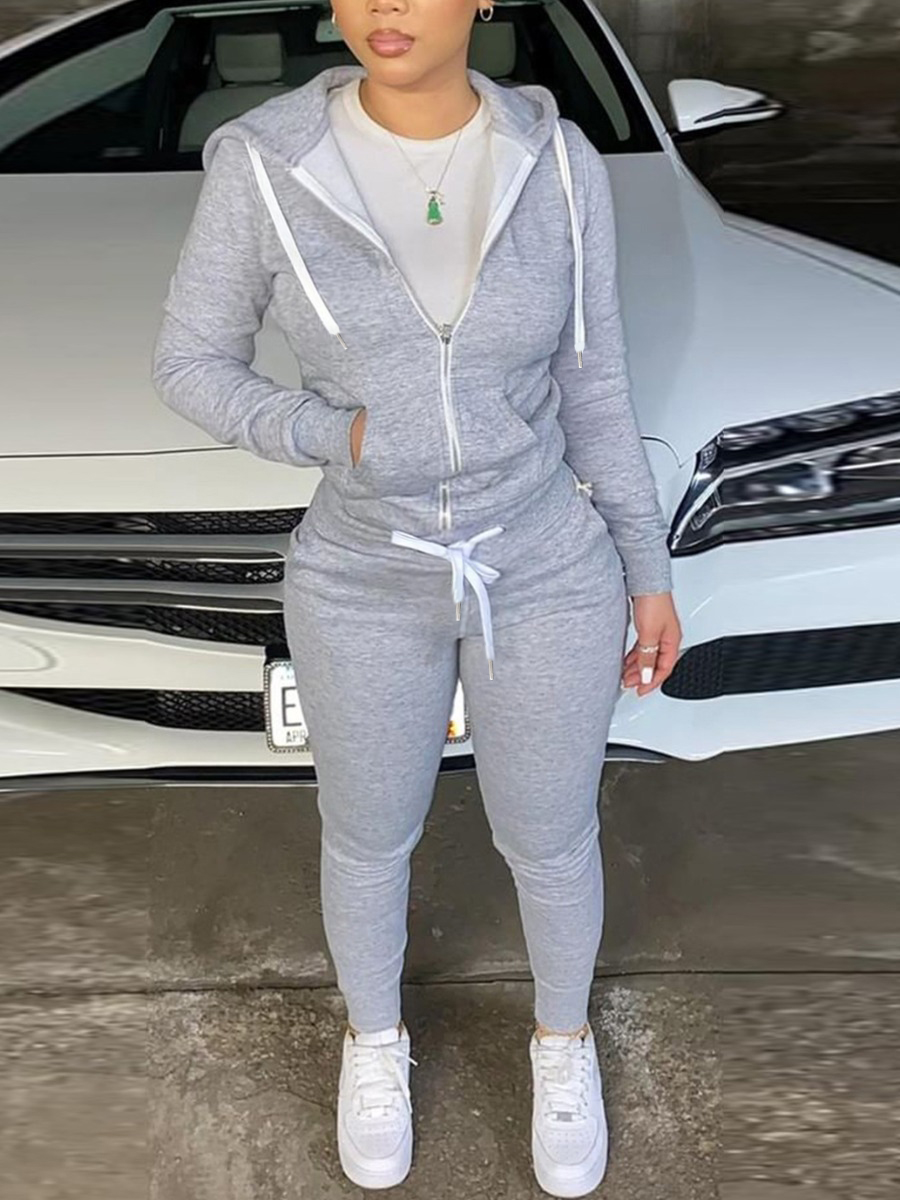 LW COTTON Hooded Collar Kangaroo Pocket Tracksuit Set