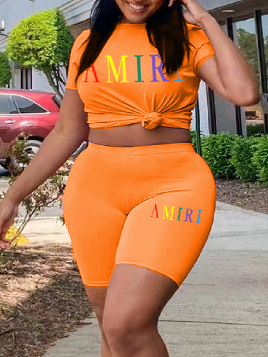LW Plus Size Round Neck Letter Print Shorts Set