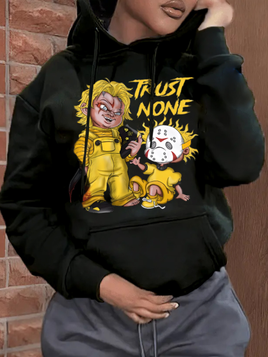 LW Cartoon Letter Print Kangaroo Pocket Hoodie
