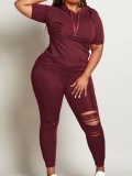 LW Plus Size Hooded Collar Ripped Pants Set