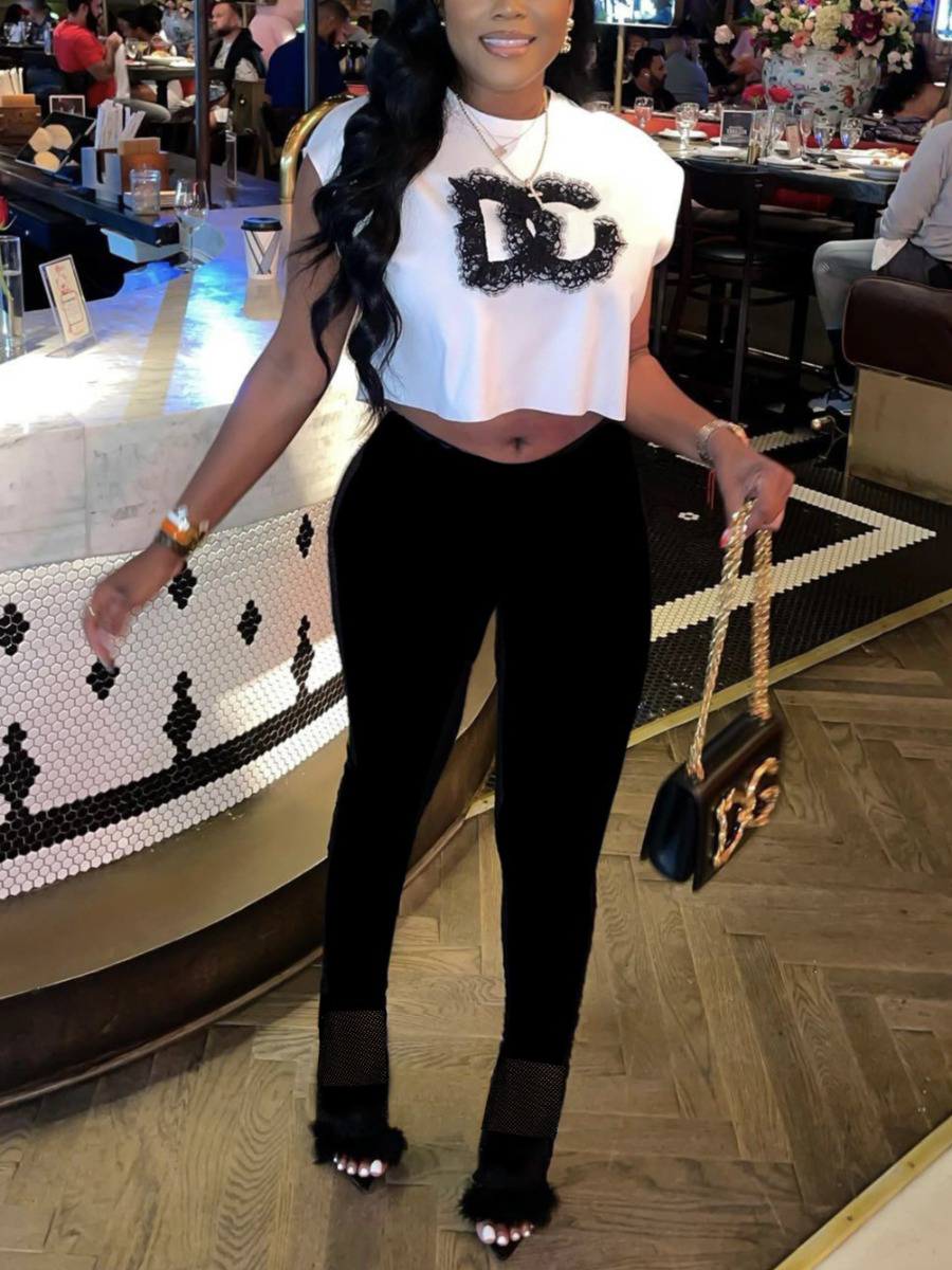 LW Crop Top Letter Print Skinny Pants Set