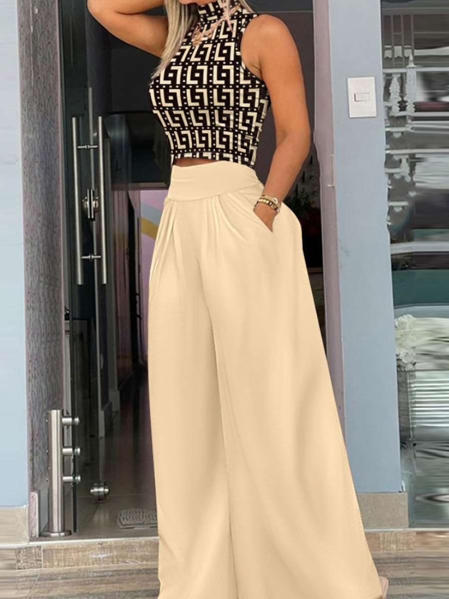 LW Crop Top Geometric Print Wide Leg Pants Set