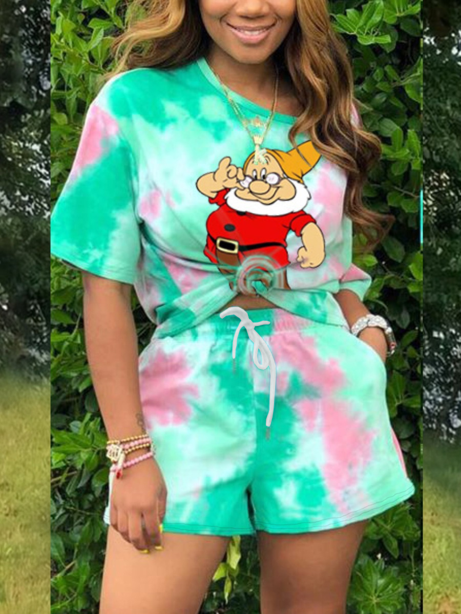 LW Tie Dye Cartoon Print Drawstring Shorts Set