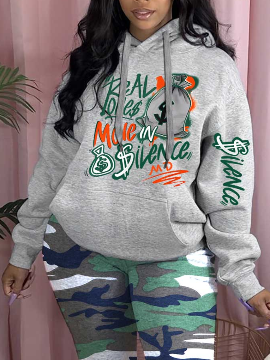 LW Plus Size Letter Print Kangaroo Pocket Hoodie
