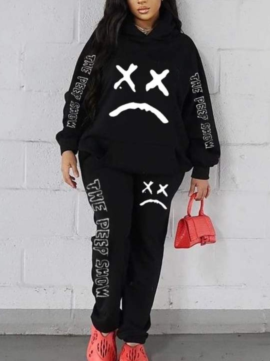 LW Plus Size Letter Print Kangaroo Pocket Tracksuit Set