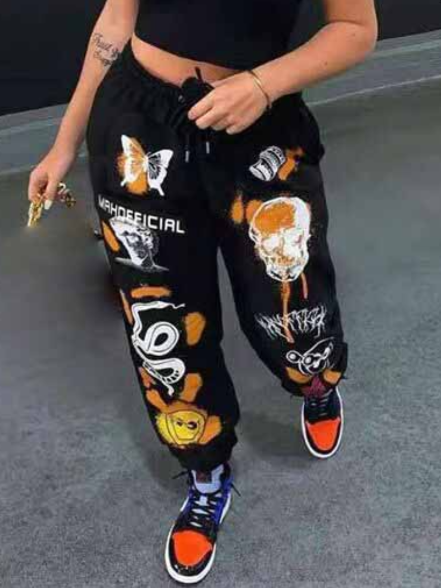 LW Butterfly Skull Head Mixed Print Drawstring Sweatpants