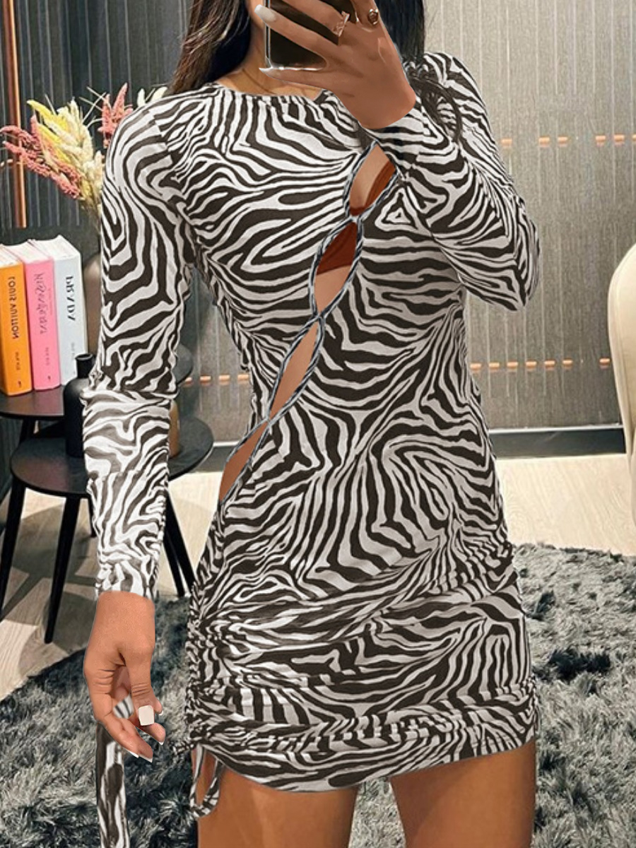 LW SXY Zebra Striped Cut Out Drawstring Bodycon Dress
