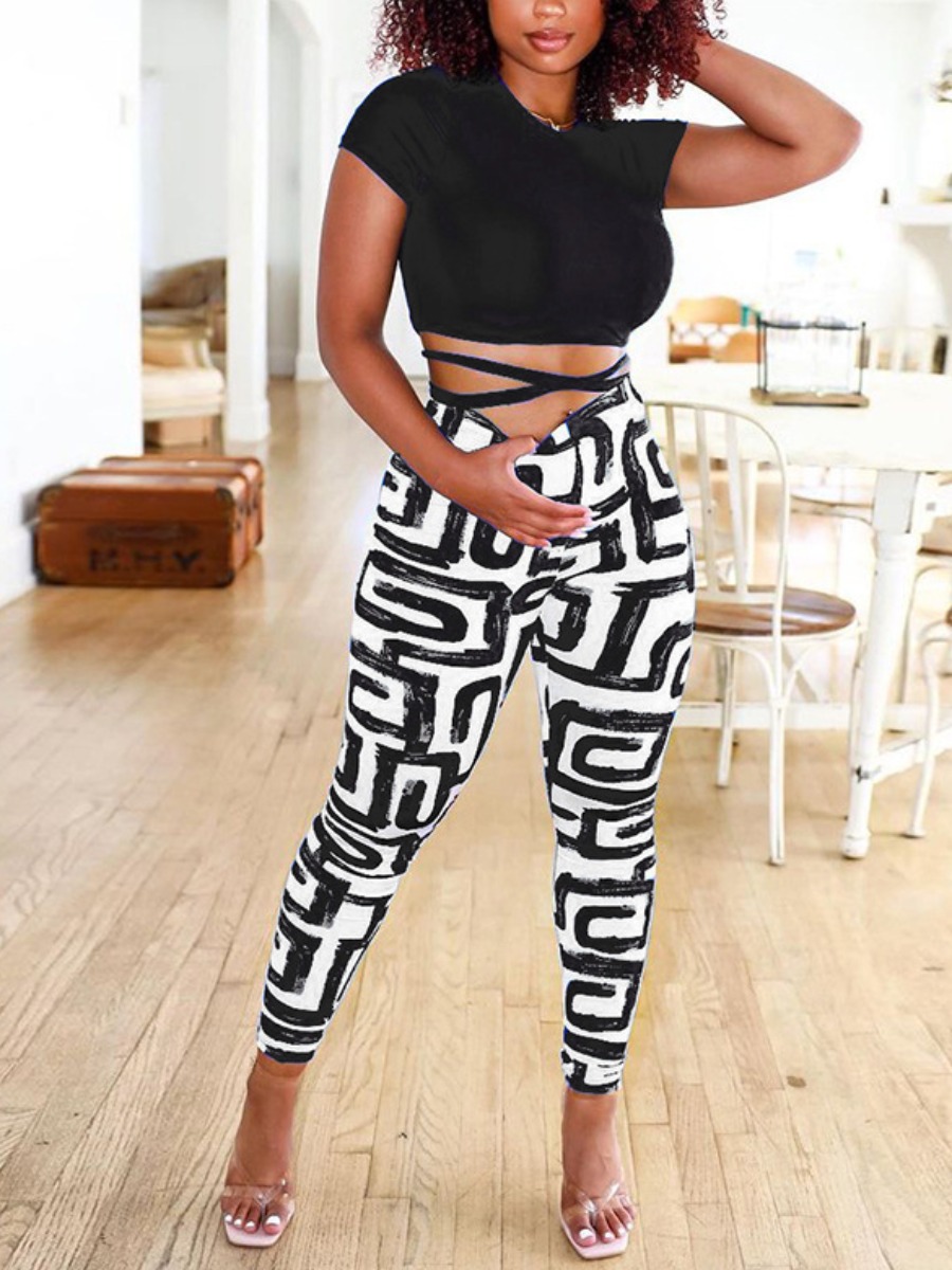 LW Crop Top Graffiti Print Bandage Design Pants Se