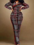 LW Plus Size Plaid Print Striped Zipper Design Pants Set