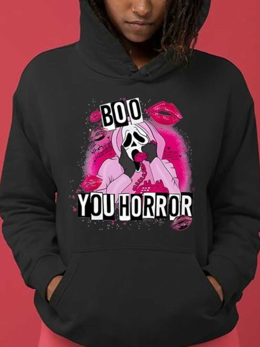 LW Plus Size Cartoon Lip Letter Print Kangaroo Pocket Hoodie