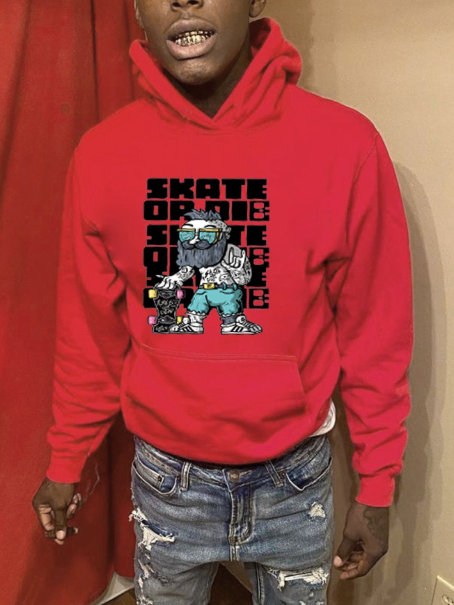 LW Men Cartoon Letter Print Kangaroo Pocket Hoodie