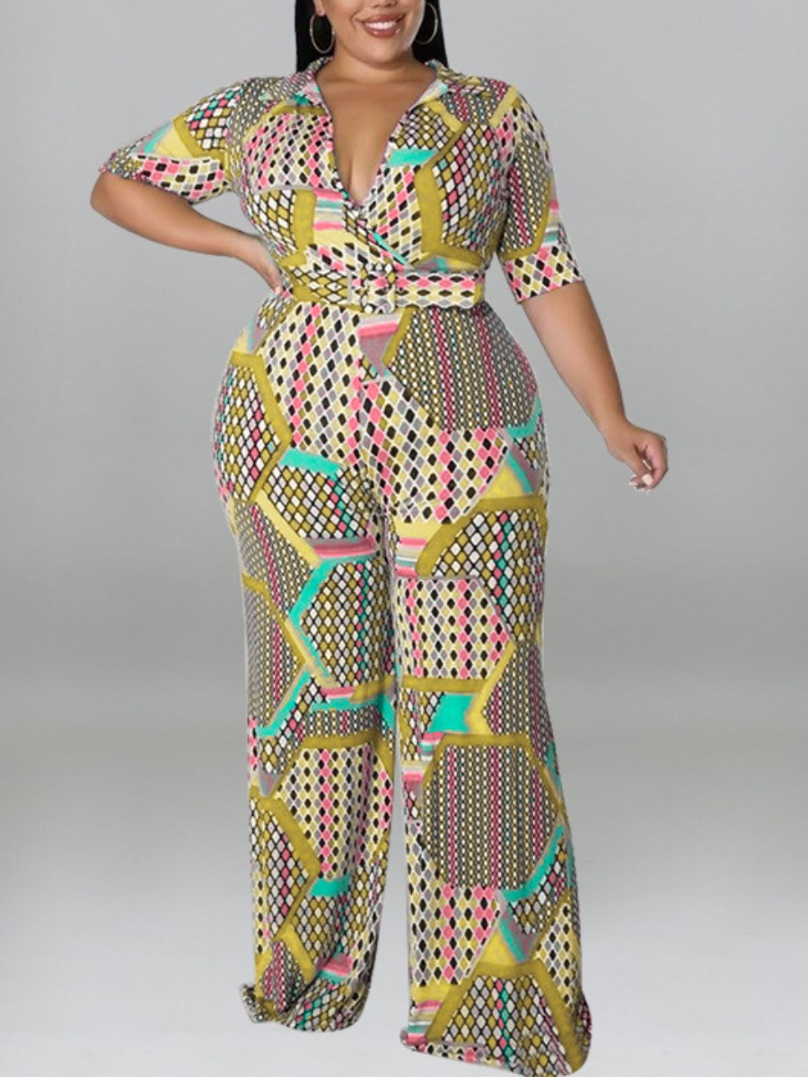 LW Plus Size Geometric Print Belt Design Wide Leg 