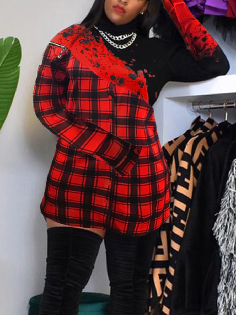 LW BASICS Plus Size Zipper Design Medium Plaid Long Sleeve Regular Dress