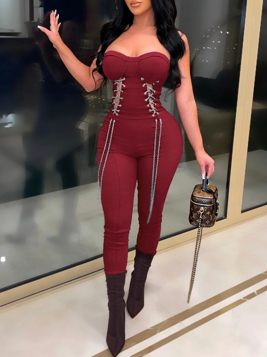 LW SXY Off The Shoulder Chain Decor Cut Out Jumpsu