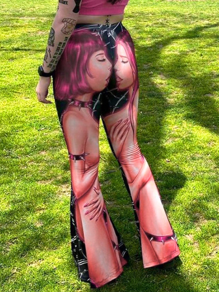 LW Mid Waist Figure Print Flared Pants