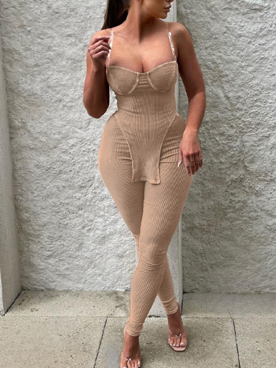 LW Clear Strap Rib Knit Side Split Pants Set