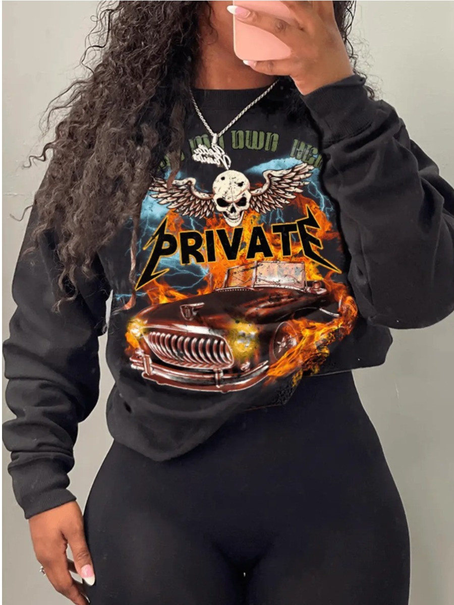 LW Plus Size Skull Head Racing Car Letter Print Sw