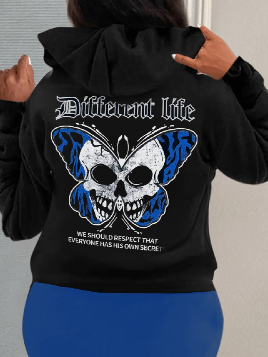 LW Plus Size Skull Head Butterfly Letter Print Kangaroo Pocket Hoodie
