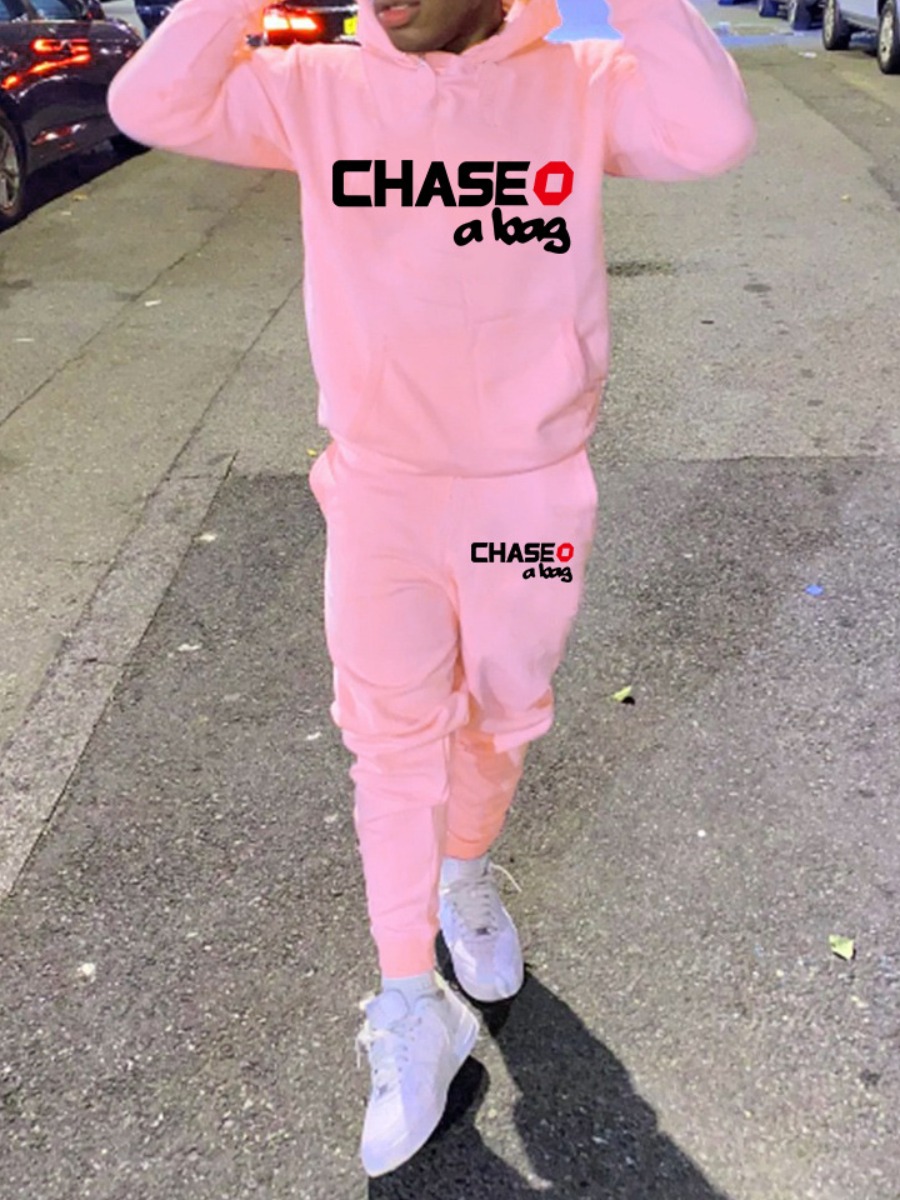 LW Men Letter Print Kangaroo Pocket Tracksuit Set