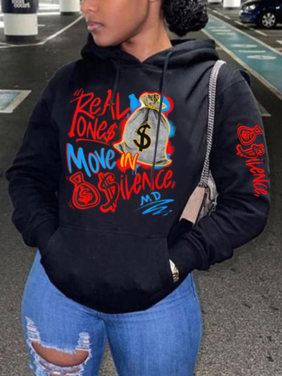 LW Plus Size Money Bag Letter Print Kangaroo Pocket Hoodie