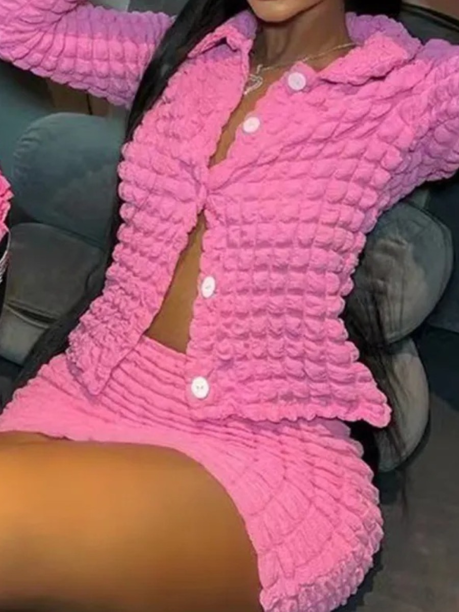 LW Waffle Knit Button Design Skirt Set
