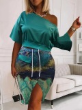 LW BASICS Plus Size Mixed Print Drawstring Slit Skirt Set