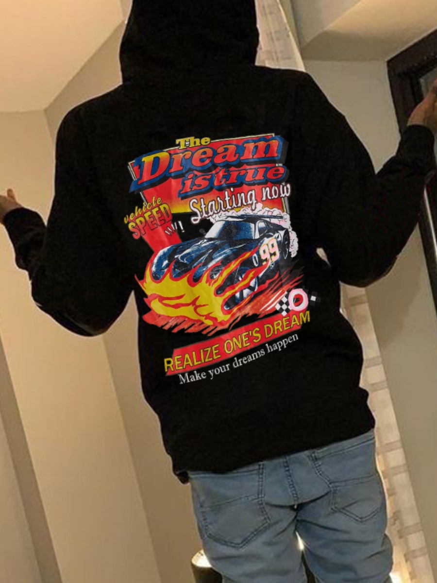 LW Men Racing Car Letter Print Kangaroo Pocket Hoo