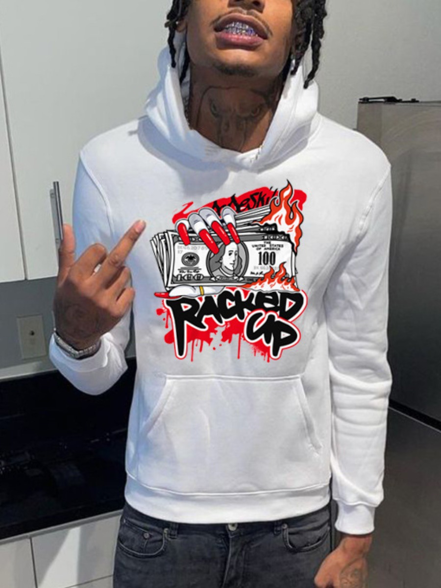 LW Men Money Letter Print Kangaroo Pocket Hoodie