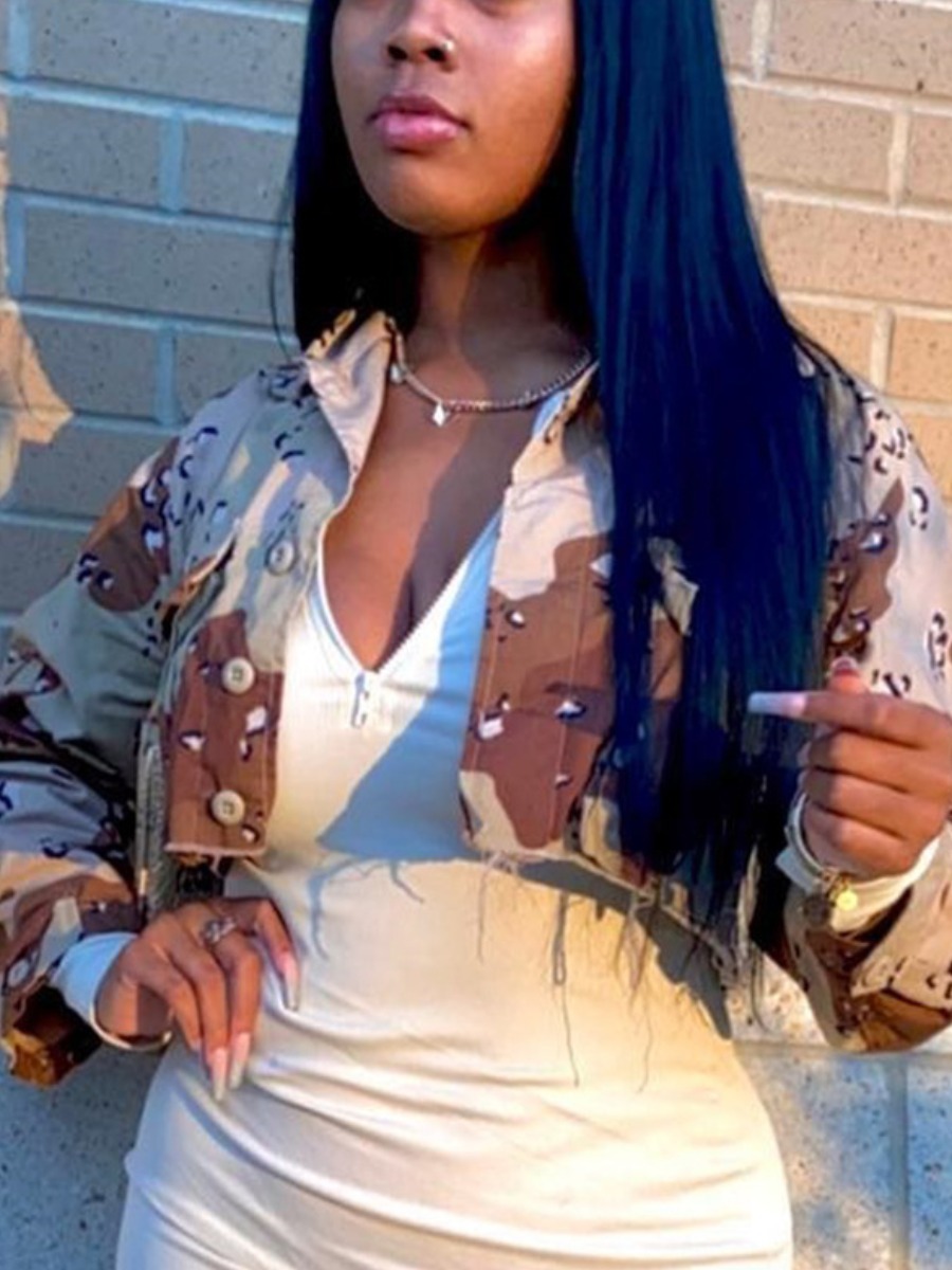 LW Camo Print Crop Top Raw Edge Jacket