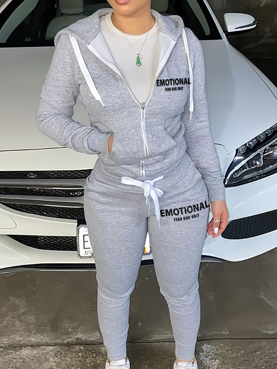 LW Plus Size Letter Print Kangaroo Pocket Tracksuit Set