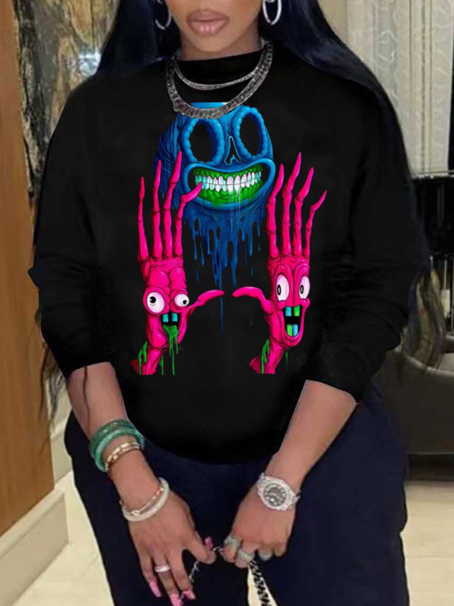 LW Plus Size Cartoon Skull Head Palm Print Sweatshirt