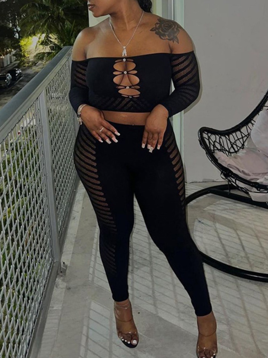 LW SXY See Through Solid Color Two-piece Pants Set