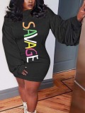 LW Pattern Print Letter Long Sleeve Mini Dress