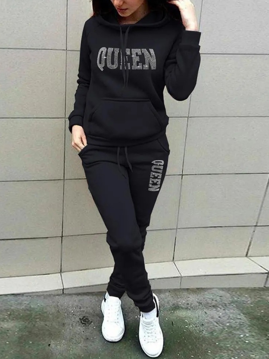 LW Plus Size Rhinestone Queen Letter Kangaroo Pocket Tracksuit Set