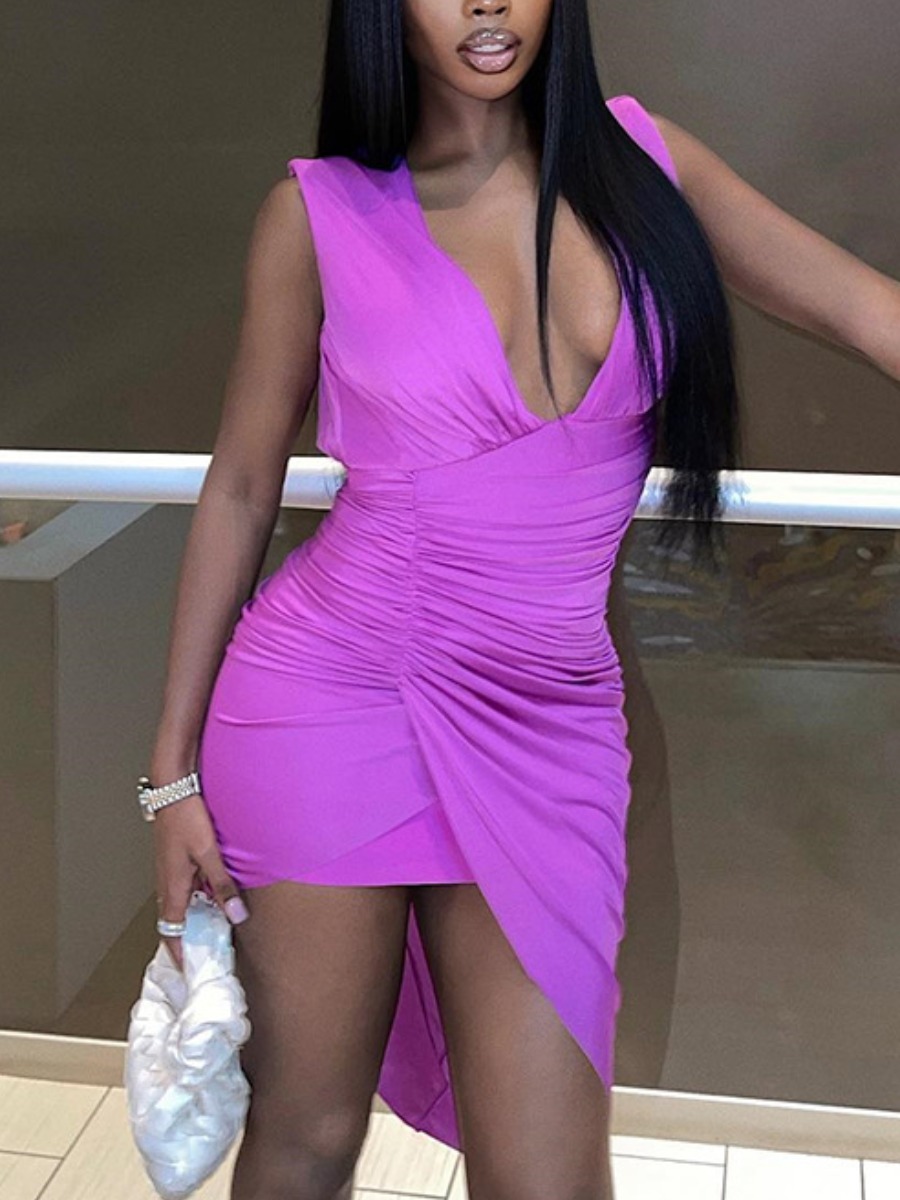 LW V Neck Ruched Bodycon Asymmetrical Dress
