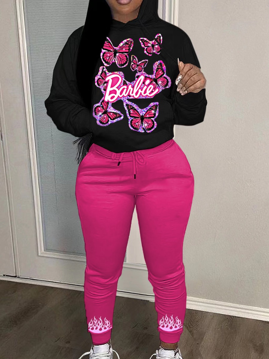 LW Butterfly Letter Print Kangaroo Pocket Tracksuit Set