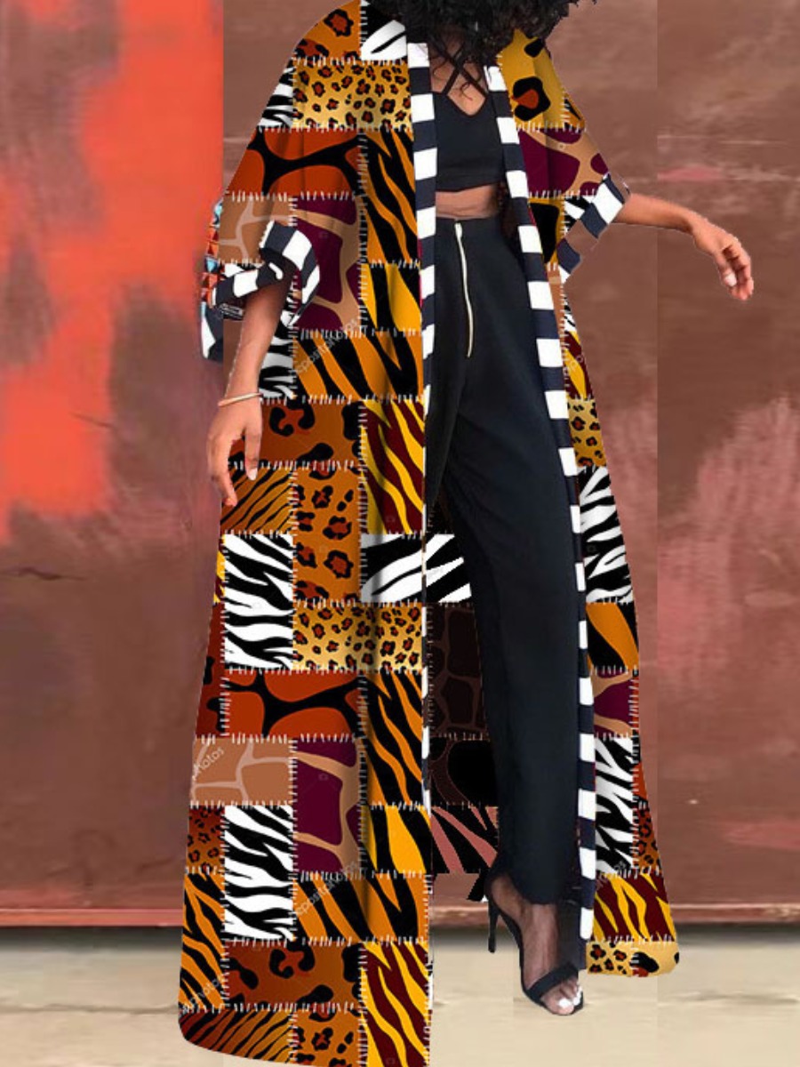 LW Plus Size Pattern Mixed Print Loose Tiger Stripes Trench Coat