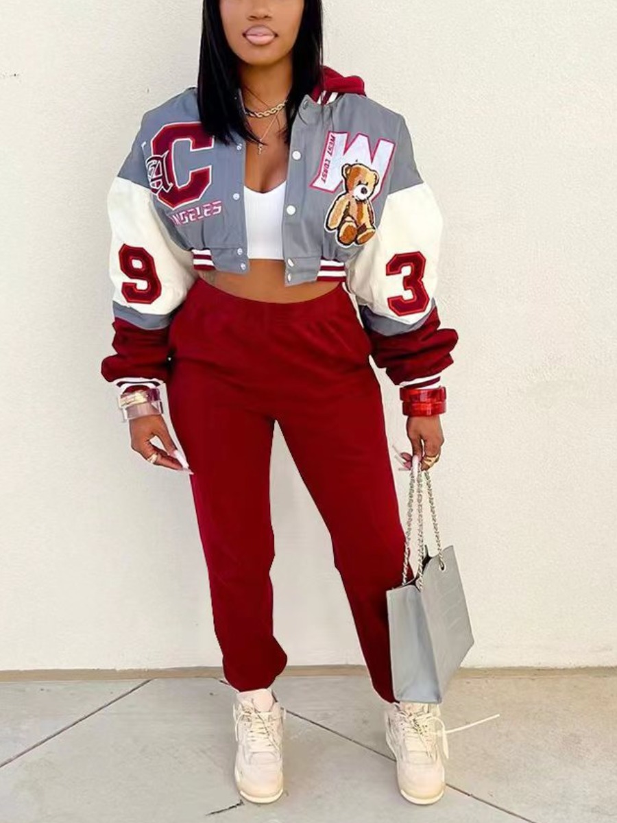 LW Plus Size Crop Top Teddy Bear Letter Decor Pant