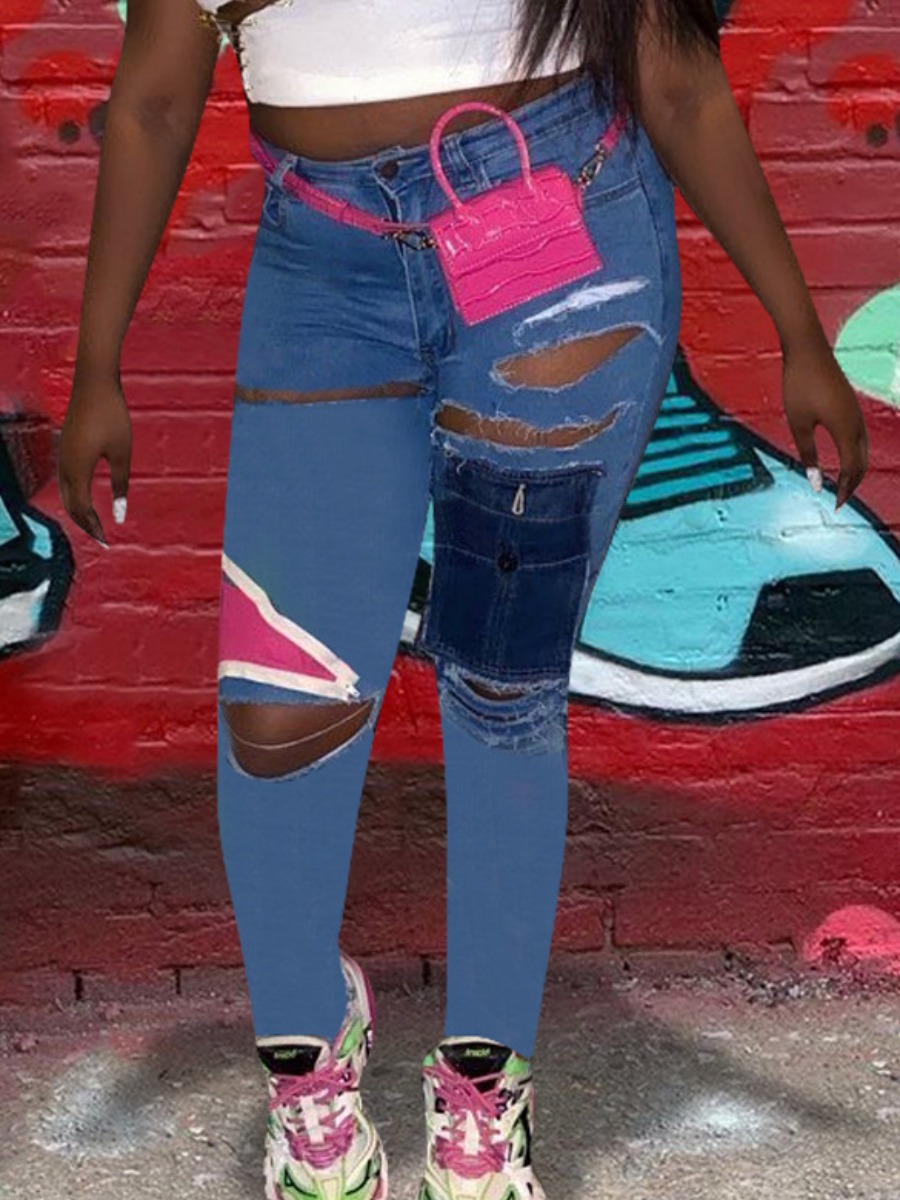 LW Mid Waist Ripped Patchwork Jeans