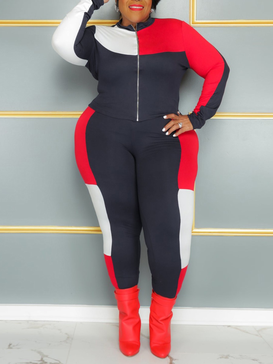 LW Plus Size Color Lump Patchwork Zipper Design Pants Set