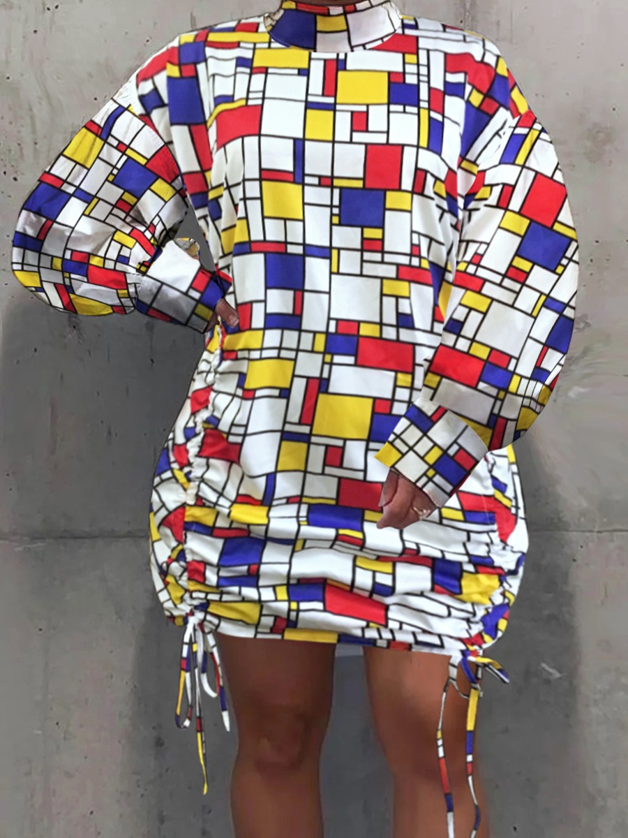 LW BASICS Plus Size Geometric Print Ruched Drawstring Dress