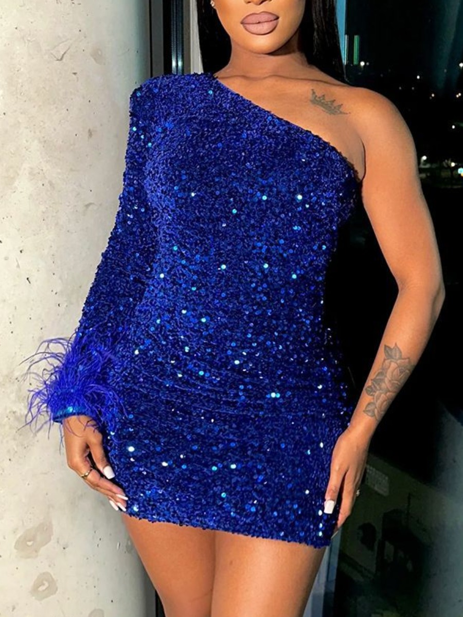 LW One Shoulder Sequined Feathers Decor Bodycon Dress
