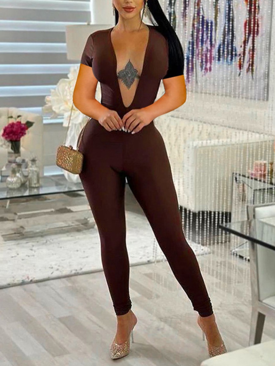 LW Deep V Neck Backless Skinny Jumpsuit