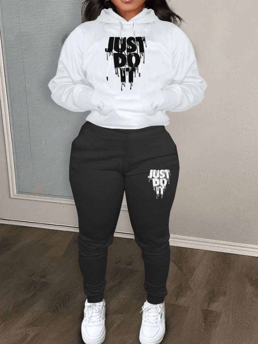 LW Plus Size Just Do It Letter Print Kangaroo Pocket Tracksuit Set