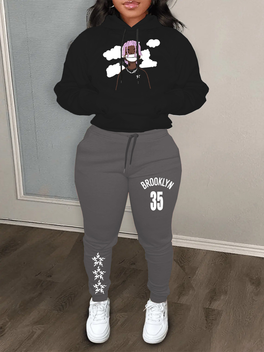 LW Figure Letter Print Kangaroo Pocket Tracksuit Set