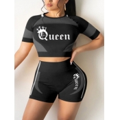 LW Plus Size Crop Top Queen Letter Print Shorts Se